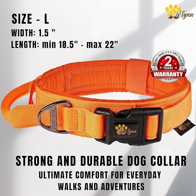 ADITYNA Tactical Dog Collar for Large Dogs - Soft Padded, Heavy Duty, Service, Adjustable, Military, K9 Collar with Handle for Training and Walking