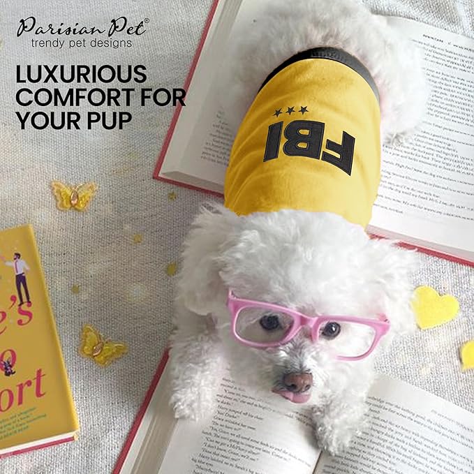 Parisian Pet Dog T-Shirt - Embroidered FBI Shirt - 100% Cotton, Breathable Dog Clothes - Sleeveless Pet Vest - Machine Washable Yellow Dog Shirts for Small Dogs - XXS