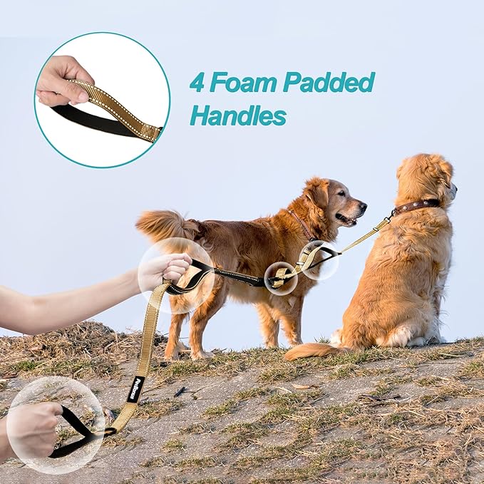 PetBonus Double Dog Leash, No Tangle Dual Leash, Reflective Walking Training Lead, 4 Comfortable Padded Handles for 2 Dogs with Collapsible Bowl and Waste Bags (Light Khaki, Large)