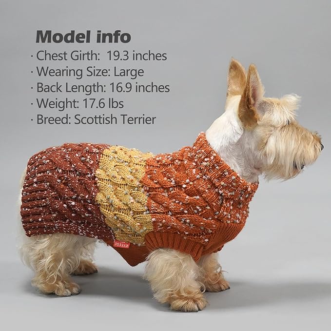 KYEESE Color Block Dog Sweater With Fuzzy Thread Knitted Turtleneck for Small Male Dogs - Fall Winter Knitwear Clothes, Brown, L