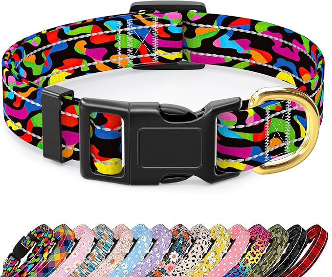 Reflective Dog Collar for Large Dogs, Cute Boho Adjustable Heavy-Duty Nylon Puppy Collar for Boy and Girl Female, Soft Pet Accessories with Quick Release Buckle, Abstract Rainbow Art