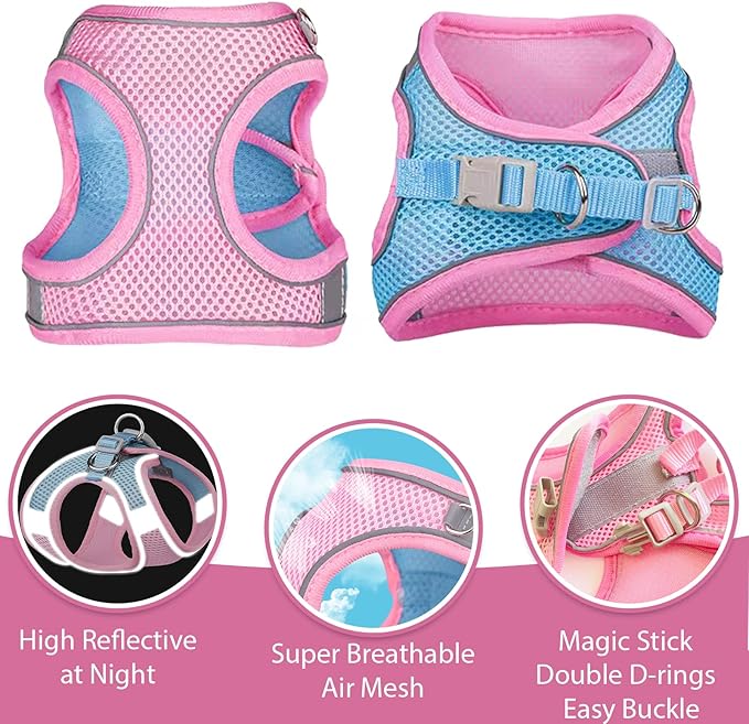 Soft Small Dog Harness and Leash Set Mesh Puppy Harnesses Leash Easy Walk Dog Harness Vest Adjustable Reflective No Pull Dog Harnesses for Small Dogs Cats (Pink Blue,XS)