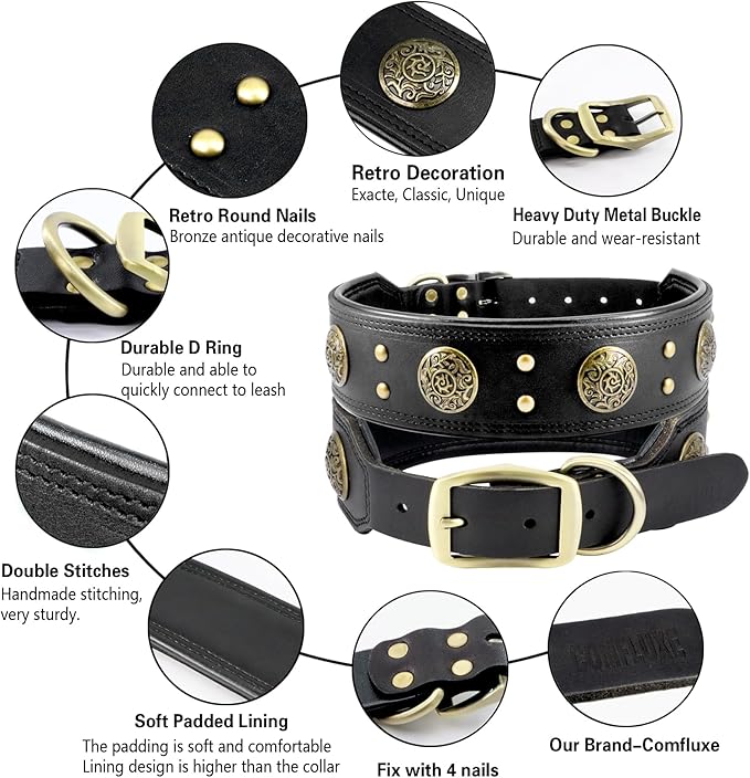 Leather Dog Collar for Large Dogs, 2" Wide Durable Thick Strong Genuine Leather Spike Dog Collar with Metal Buckle, Padded Collar with Studded Design for Large & XL Breeds (Black,L,XL)