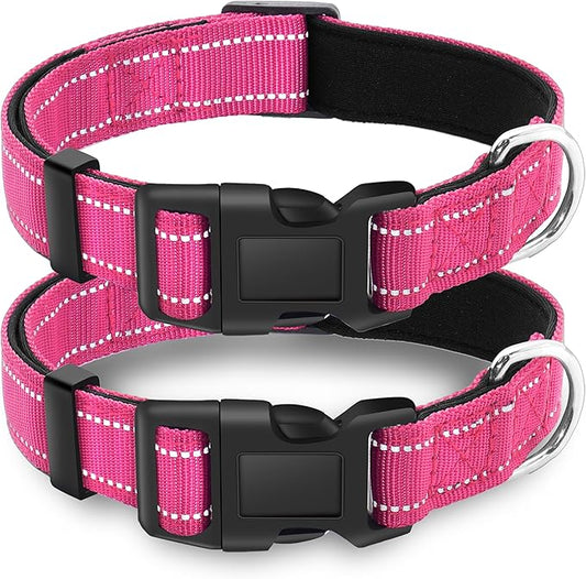 2 Pack Reflective Dog Collar with Safety Locking Buckle, Adjustable Soft Breathable Comfortable Nylon Pet Collar for Small, Medium and Large Dogs, Hotpink, XL