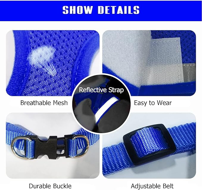 FEimaX Dog Harness and Leash Set for Walking, Soft Mesh Adjustable Easy Control Lightweight Cat Vest Harnesses with Reflective Strips, Escape Proof Small Dogs Cats Vests (Blue, Small)