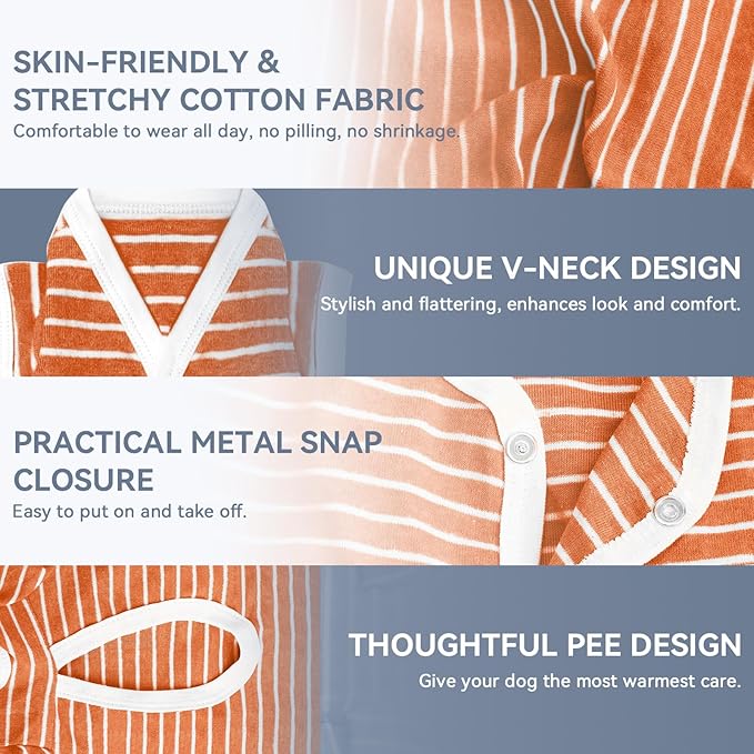 TONY HOBY Female/Male Pet Dog Pajamas Stripes 4 Legged Dog pjs Jumpsuit Soft Cotton Dogs Clothes (L, Orange+White-Boys)