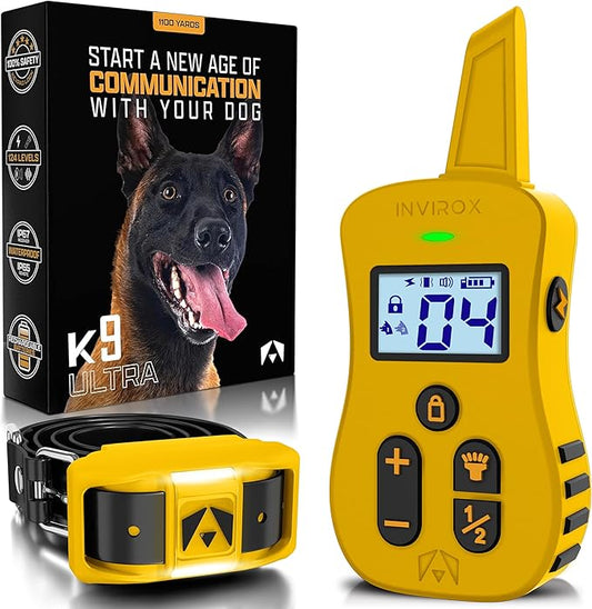INVIROX Dog Shock Collar with Remote Contol [Ultra K9] 124 Training Levels, 4 Powerful Modes with Night-Light and ¾ Mile Range 100% Safe Dog Training Collar for Large Dogs IP67 Waterproof (Yellow)
