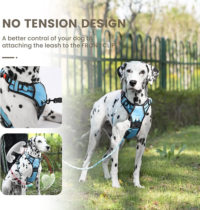 FURRYFECTION Dog Harness | No Pull Dog Harness | Reflective Oxford | Padded Handle | 4 Adjustable Straps | 2 Leash Clips | No Choke Pet Vest Harness for Small Medium Large Dogs | Blue | M