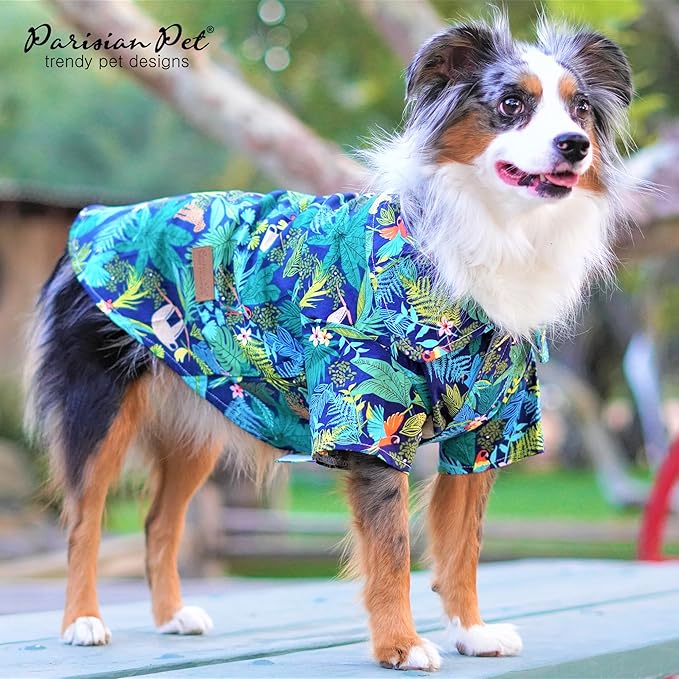 Parisian Pet Unisex Amazonia Dog Shirt - Leafy Dog Beach Outfit - Cotton Dog Summer Clothes - Stylish Hook and Loop Closure Dog Costume - Machine Washable Dog Shirts for Small Dogs - S
