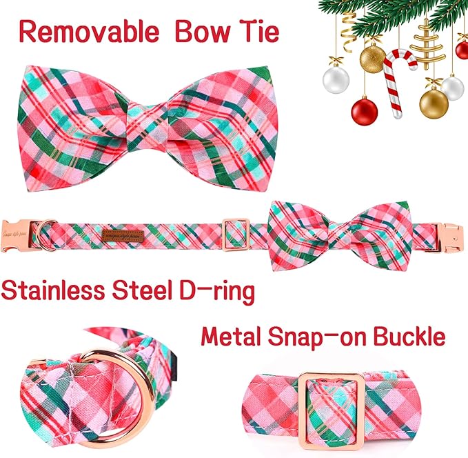 Unique style paws Dog Collar with Bow Pink & Green Plaid Dog Collar Best Gifts for Small Medium Large Dogs -L