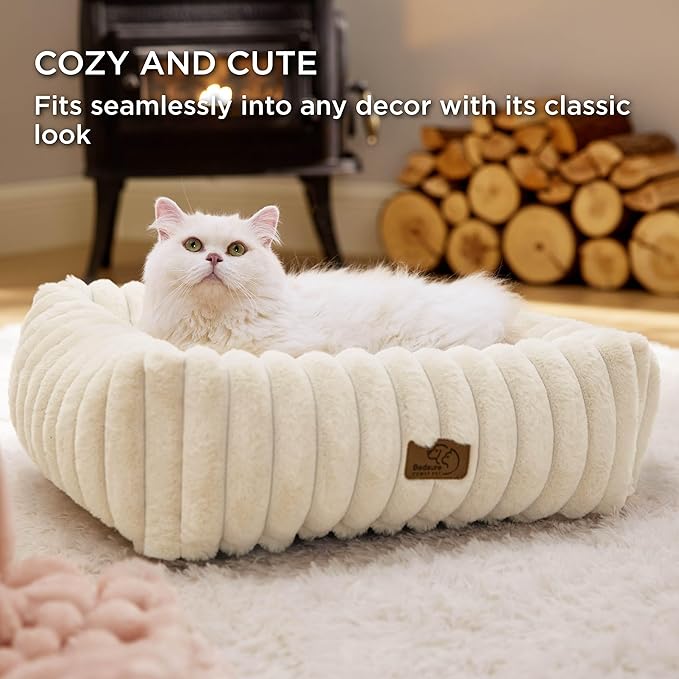 Bedsure Cute Dog Bed for Small Dogs & Cats - Washable Furry Cat Beds, Rectangle Orthopedic Corduroy Fleece Puppy Beds with Removable Zipper Cover, 20x19x6inches, Cream