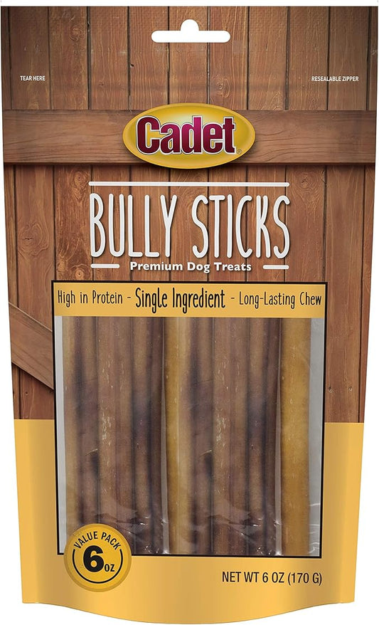Cadet Bully Sticks for Small Dogs – All-Natural Beef Pizzle, High Protein, Low Fat, Long-Lasting, Grain & Rawhide-Free Dog Chews for Aggressive Chewers, Small (6 Ounce)