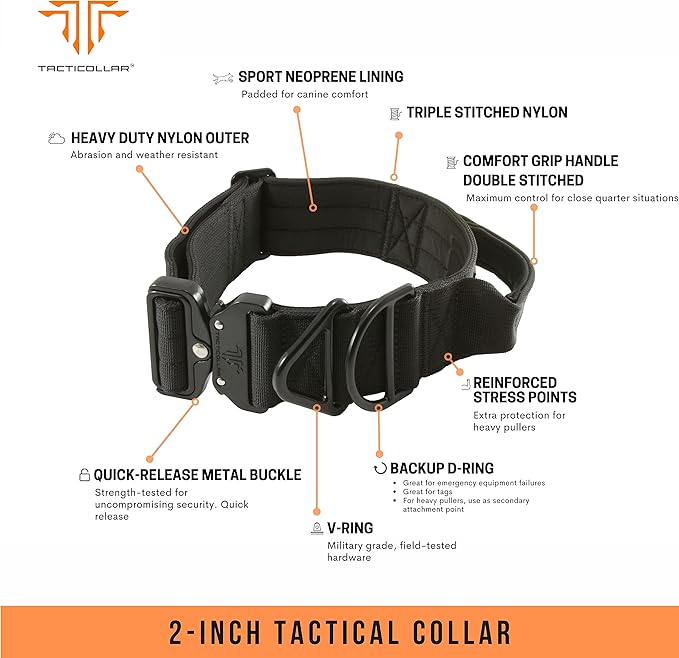 2 inch Tactical Dog Collar with Handle for Medium and Large Dogs, Mil Spec Nylon Collar, Quick-Release Metal Buckle, Neoprene Padded Inside (Large, Black)