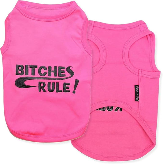 Parisian Pet Dog Tshirt - Embroidered “B*tches Rules“ Tank Top - 100% Cotton and Lightweight Funny Dog Clothes - Sleeveless Machine Washable Tee Shirts for Large Dogs - XL
