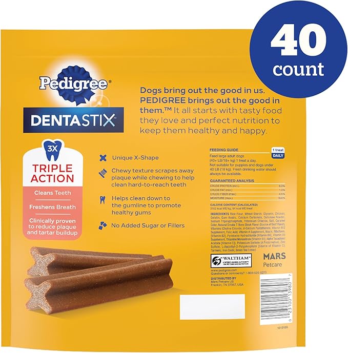 Pedigree Dentastix Large Dog Treats, Beef Flavor, 2.08 lb. Bag (40 Treats)