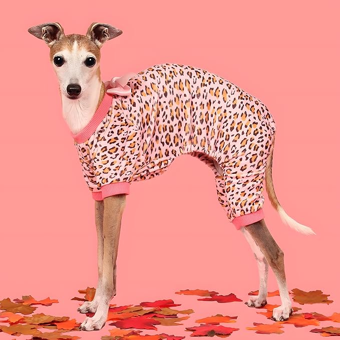Fitwarm Leopard Dog Pajamas, Fleece Dog Clothes for Small Dogs Girl with Legs, Pet Onesie, Cat Outfit, Pink, XS