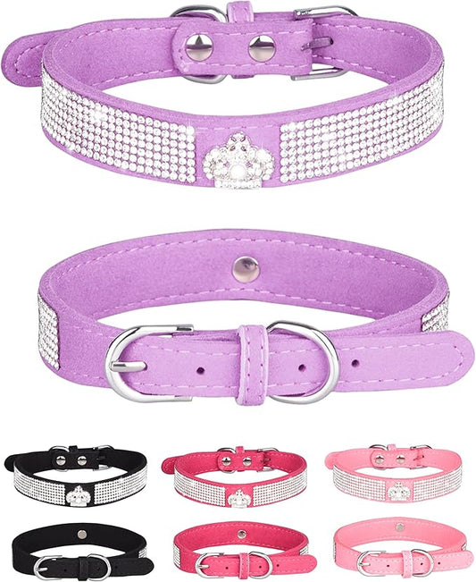 Dog Collar for Small Dogs, Adjustable Leather Suede Bling Dog Collars，Pink Dog Collar Cat Collar, Rhinestone Dog Collar (L, purple3)