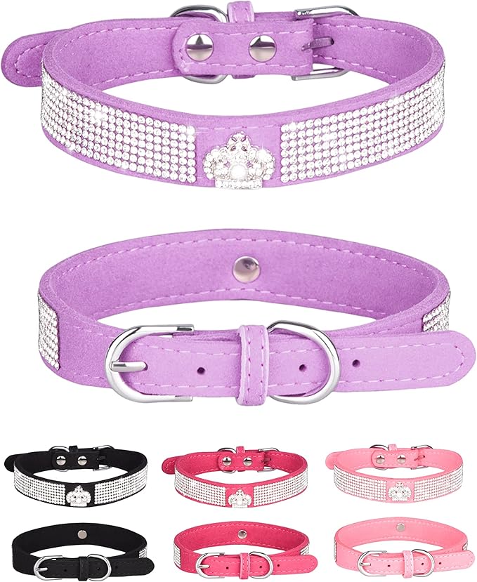 Dog Collar for Small Dogs, Adjustable Leather Suede Bling Dog Collars，Pink Dog Collar Cat Collar, Rhinestone Dog Collar (XS, purple3)