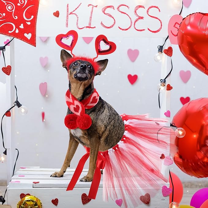 3 Pieces Valentines Day Dog Costume Set Including Red Love Headband Valentines Dog Tutu Dress Cute Pet Tutu Red Pet Scarf for Medium Animal Holiday Outfit Accessory