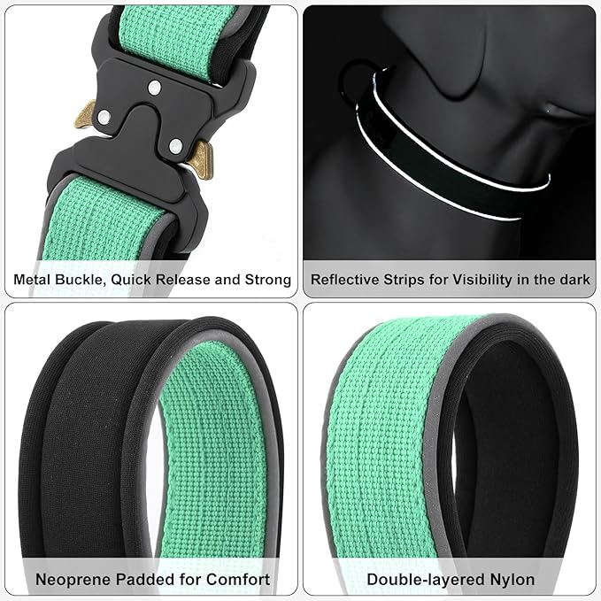 Plutus Pet Tactical Dog Collar, Reflective, Adjustable Heavy Duty Dog Collar, Soft Padded and Comfortable, for Small Medium and Large Dogs (Teal, L)