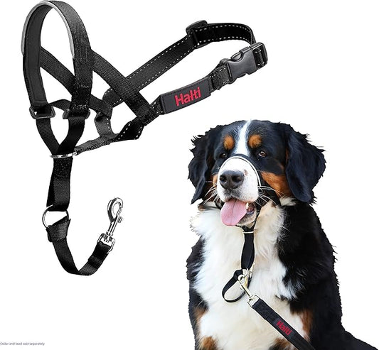HALTI Headcollar - To Stop Your Dog Pulling on the Leash. Adjustable, Reflective and Lightweight, with Padded Nose Band. Dog Training Anti-Pull Collar for Large Dogs (Size 4, Black)