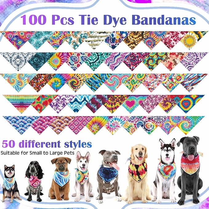 Paterr 100 Pieces Dog Bandanas Bulk Tie Dye Pet Handkerchief Soft Dog Triangle Bibs Cute Kerchief Adjustable Washable Pet Scarf Costume Accessory for Small Medium Dogs Puppy Cats