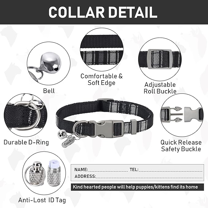 GAMUDA Dog Harness, Collar and Seat Belt Set, Vehicle Safety Harness, Retractable Adjustable Pet Seatbelts with Travel Strap and Carabiner for Most Cars (Black, XXS)