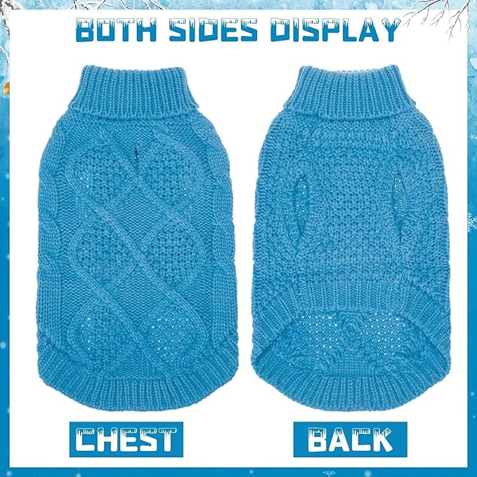 Mihachi Turtleneck Dog Sweater - Winter Coat Apparel Classic Cable Knit Clothes with Leash Hole for Cold Weather, Ideal Gift for Pet in New Year Lake Blue