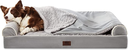 WESTERN HOME Orthopedic Dog Beds for Large Dogs, Foam Pet Sofa with Hooded Blanket, Removable Washable Cover and Nonskid Bottom, Dog Couch Bed for Comfortable Sleep
