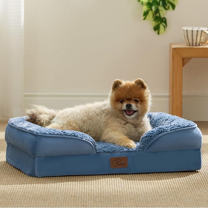 Bedsure Small Orthopedic Dog Bed - Calming Dog Sofa Beds for Small Dogs with Luxurious Plush, Pet Couch Bed with Removable Washable Cover, Waterproof Lining and Nonskid Bottom Couch, Blue