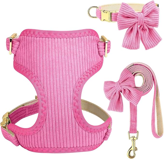 Didog Cute Small Dog Harness Collar & Leash Set, Adjustable Dog Collars and Leashes with Bowtie, Breathable Soft Mesh Padded Dog Vest for Puppies Small Dogs & Cats Walking, Hot Pink, M