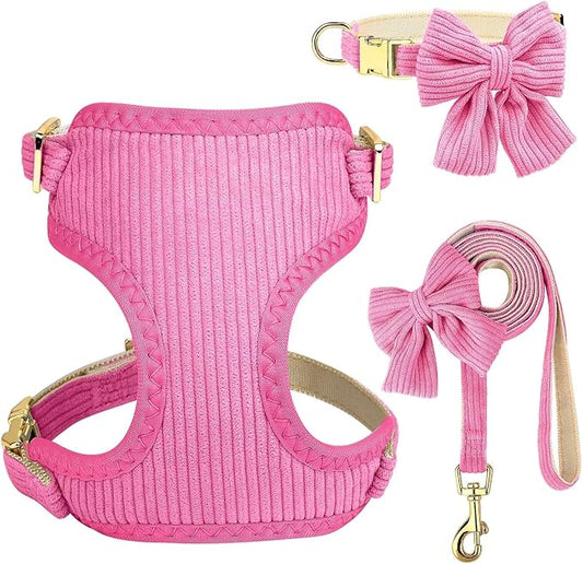 Didog Cute Small Dog Harness Collar & Leash Set, Adjustable Dog Collars and Leashes with Bowtie, Breathable Soft Mesh Padded Dog Vest for Puppies Small Dogs & Cats Walking, Hot Pink, S