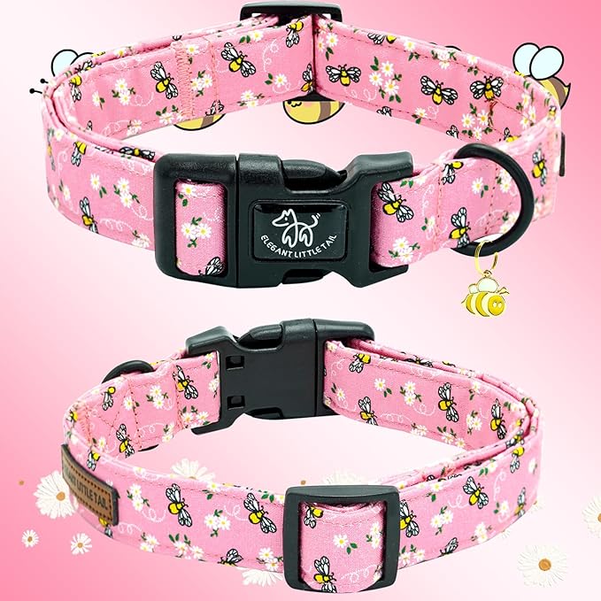 Elegant little tail Dog Collar,Cute Bees Pattern Pet Collar Pink Durable Holiday Female or Male Adjustable Cotton Pet Collar with Quick Release Buckle for Medium Dogs