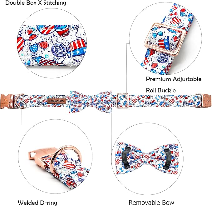 Lionheart glory American Flag Dog Collar, 4 of July Dog Bow Collar Heavy Duty Adjustable Patriotic Dog Collar with Bowtie for Small Dogs Pet Gift