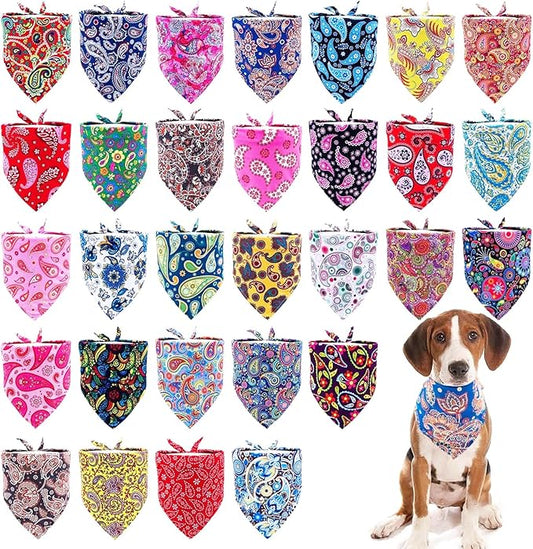 30 Pcs Paisley Bandanas for Dog Cats Polyester Print One Side Bandana Bulk for Small Middle Dogs Breed Reversible Triangle Bandana Girl Boy Grooming M