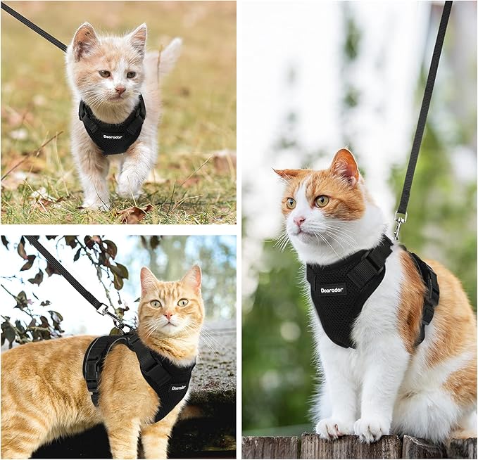 Dooradar Cat Harness and Leash Set, Escape Proof Safe Adjustable Kitten Vest Harnesses for Walking, Easy Control Soft Breathable Mesh Jacket with Reflective Strips for Cats, Black, XS