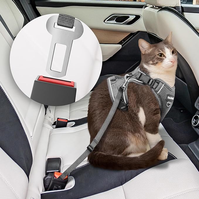 Cat Harness and Leash Set for Walking Escape Proof, Adjustable Soft Kittens Vest with Reflective Strip for Cats, Comfortable Outdoor Vest, Cat Car Leash, Grey, M