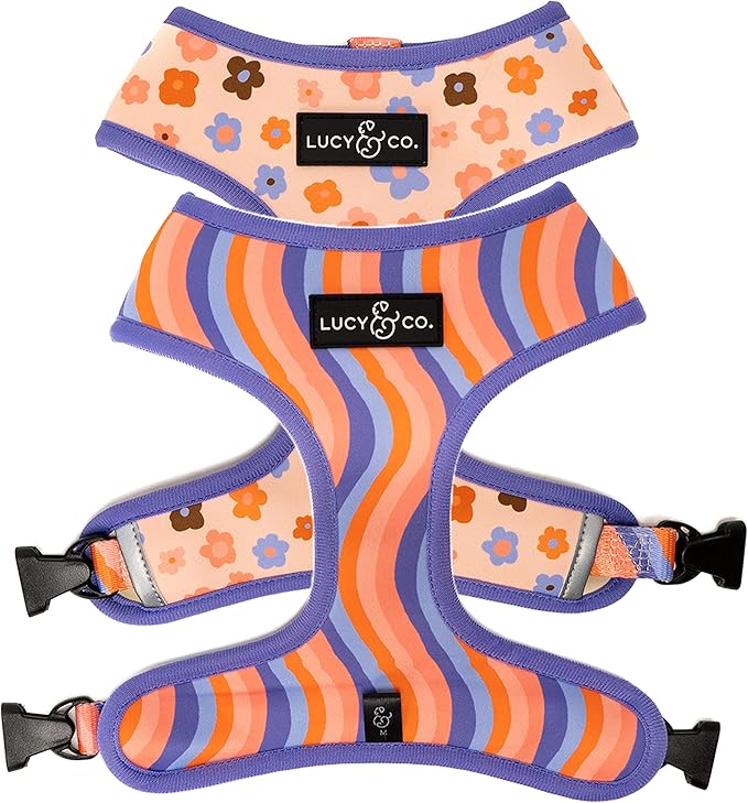 Lucy & Co. Purple with Coral Floral Wave, Cute Reversible Dog Harness Walking Halter - Best Designer Pet Harnesses for XS - XL Dogs - Padded Adjustable Vest for Easy Walking (Small)