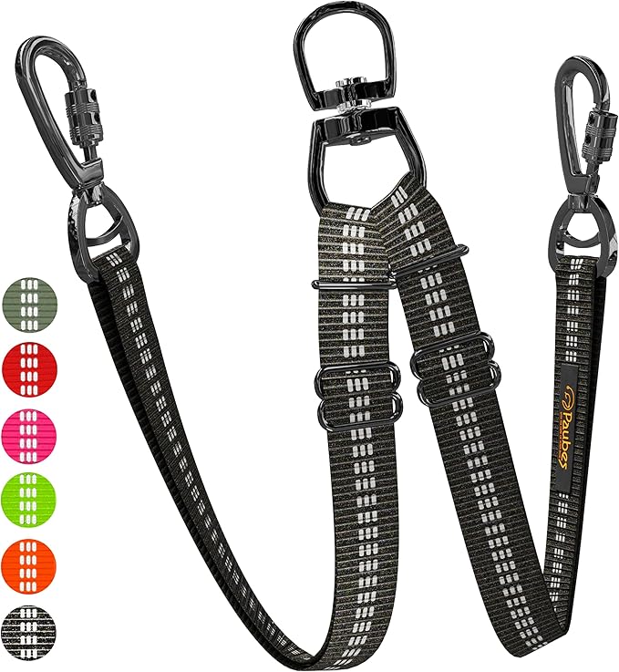 Double Dog Leash – Adjustable Length Long Leash for Dog Training – Dual Reflective Dog Leash with Non-Tangle Design – Heavy Duty Nylon and Metal Buckles – Ideal (Black, Large)