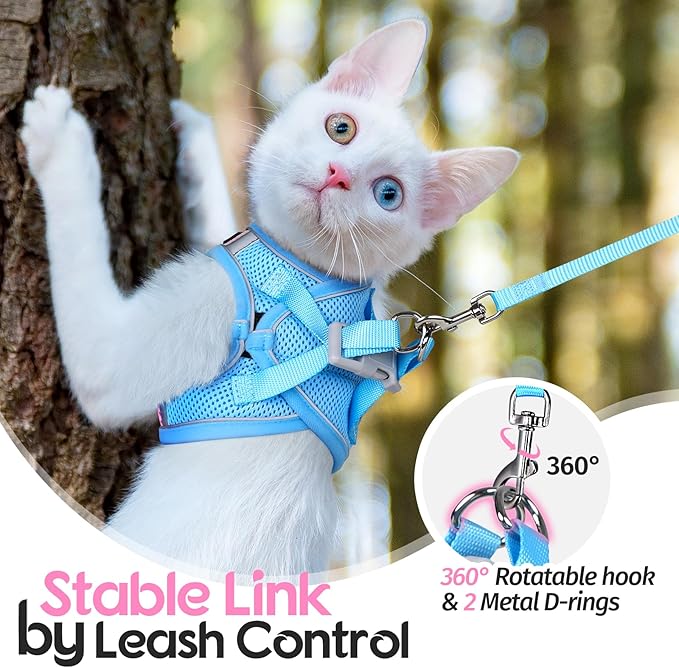 Dooradar Cat Harness and Leash Set, Escape Proof Lightweight Kitten Harness, Soft Breathable Reflective Vest for Outdoor Walking Traveling, Adjustable for Small Cats, Pink & Blue, S