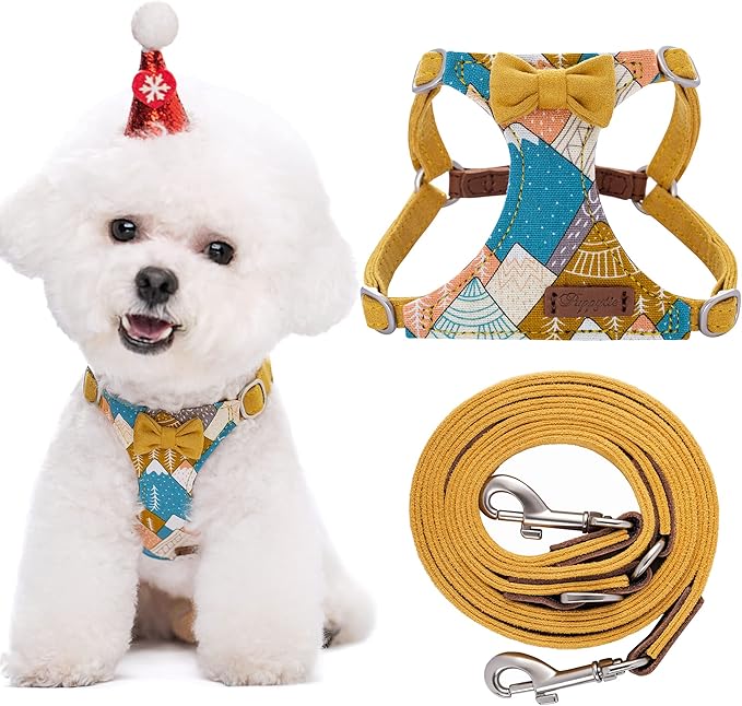Puppytie No Pull Small Dog Harness with Multifunction Dog Leash,Lightweight Soft Adjustable No Choke Escape Proof Pet Harness Vest Pet Harness Vest,Suede Bow Yellow,S