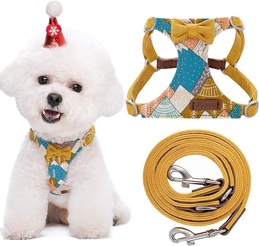 Puppytie No Pull Small Dog Harness with Multifunction Dog Leash,Lightweight Soft Adjustable No Choke Escape Proof Pet Harness Vest Pet Harness Vest,Suede Bow Yellow,S