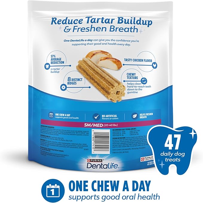 DentaLife Daily Oral Care Dog Treats for Small and Medium Dogs, Chewy Dental Treat to Freshen Breath and Fight Tartar, Chicken Flavor, 35.7 oz. each, 47 Chews each/94 Total Chews - 47 ct. Pouch