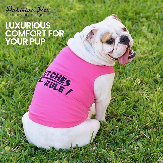 Parisian Pet Dog Tshirt - Embroidered “B*tches Rules“ Tank Top - 100% Cotton and Lightweight Funny Dog Clothes - Sleeveless Machine Washable Tee Shirts for Large Dogs - L