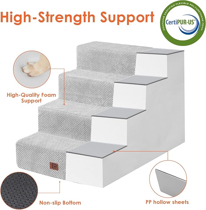 EHEYCIGA Dog Stairs for Bed 20”H, 4-Step Extra Wide Dog Steps for High Bed, Pet Steps for Small Dogs and Cats, Non-Slip Balanced Pet Ramp, Light Grey