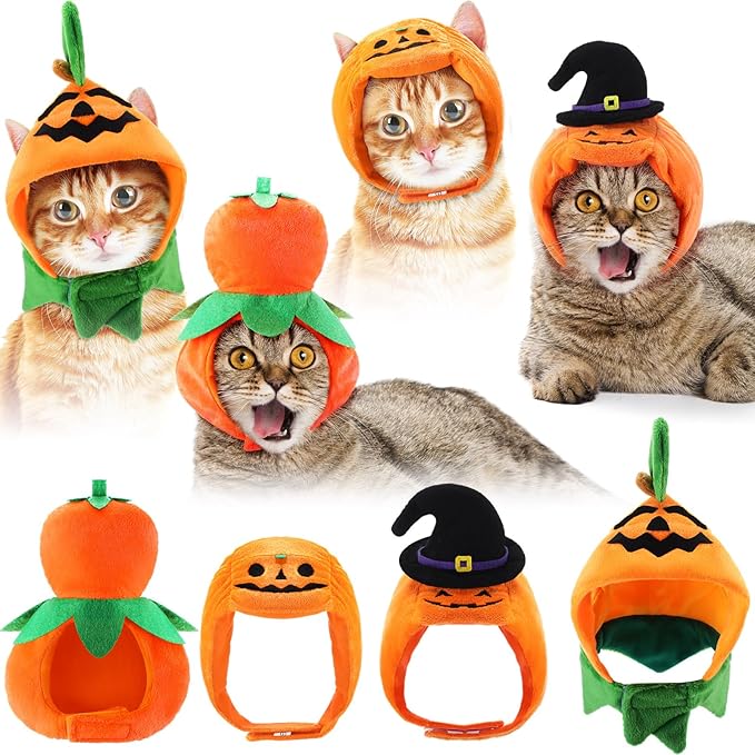 4 Pcs Cat Halloween Pumpkin Costume Dog Pumpkin Hat Adjustable Pet Headdress Cute Cap Headwear for Halloween Party Cosplay Costume Puppy Kitten Dress up Accessories