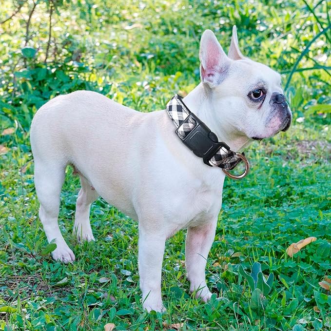 Reflective Dog Collar Padded with Soft Neoprene Breathable Adjustable Nylon Dog Collars for Small Medium Large Dogs (Large (Pack of 1), Black Plaid Collar+Leash)