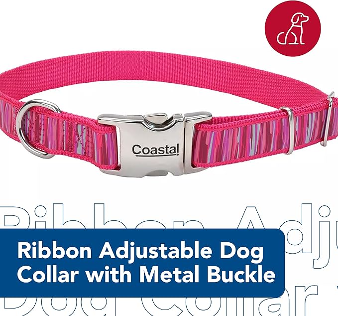 Coastal Pet - Ribbon - Adjustable Dog Collar with Metal Buckle, Pink Flamingo Stripe, 5/8" x 12"-18"