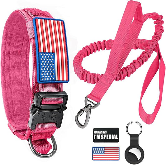 Tactical Dog Collar and Bungee Leash,Military Dog Collar & Leash Set with USA American Flag Adjustable K9 Collar with Heavy Duty Metal Buckle & Handle,with Patches and Airtags Case (Pink, XL)