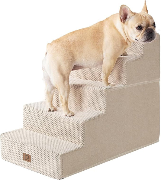 EHEYCIGA Dog Stairs for High Bed 22.5”H, 5-Step Dog Steps for Bed, Pet Steps for Small Dogs and Cats, Non-Slip Balanced Pet Ramp Indoor, Beige
